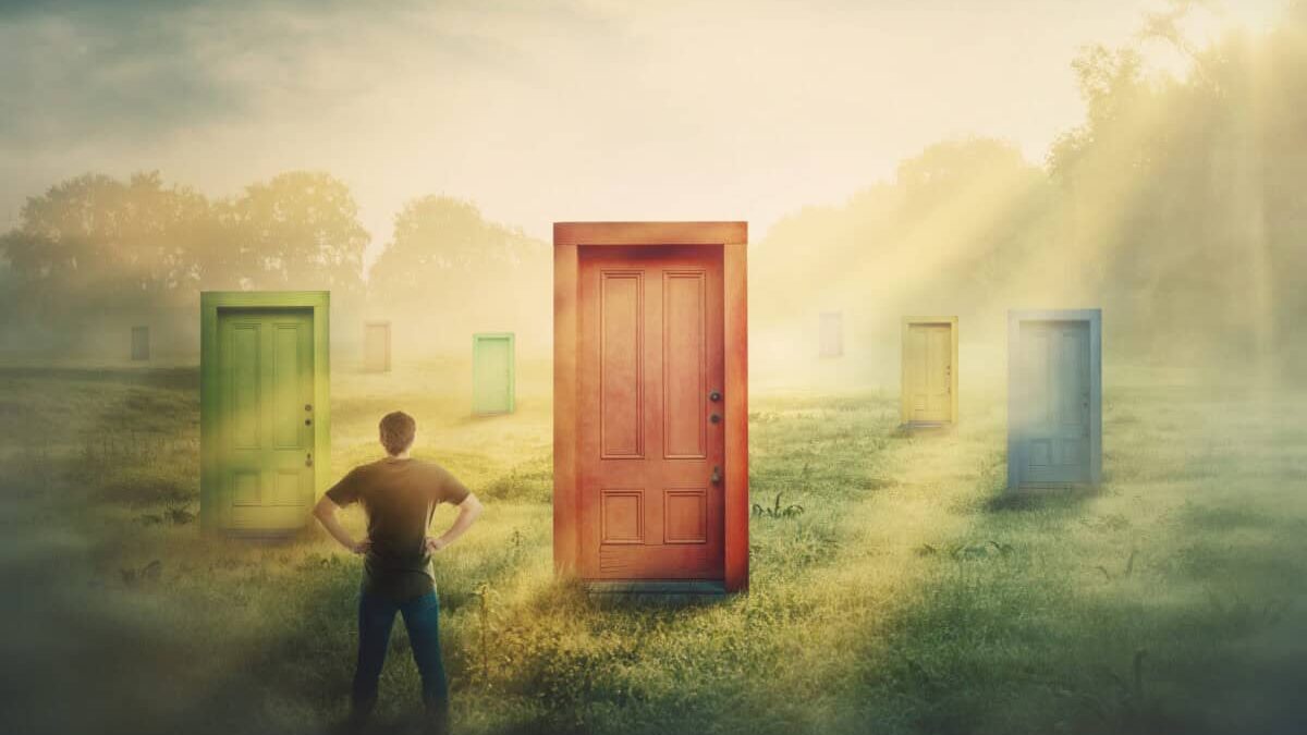 Canadian investor contemplating U.S. stocks with multiple doors to choose from.