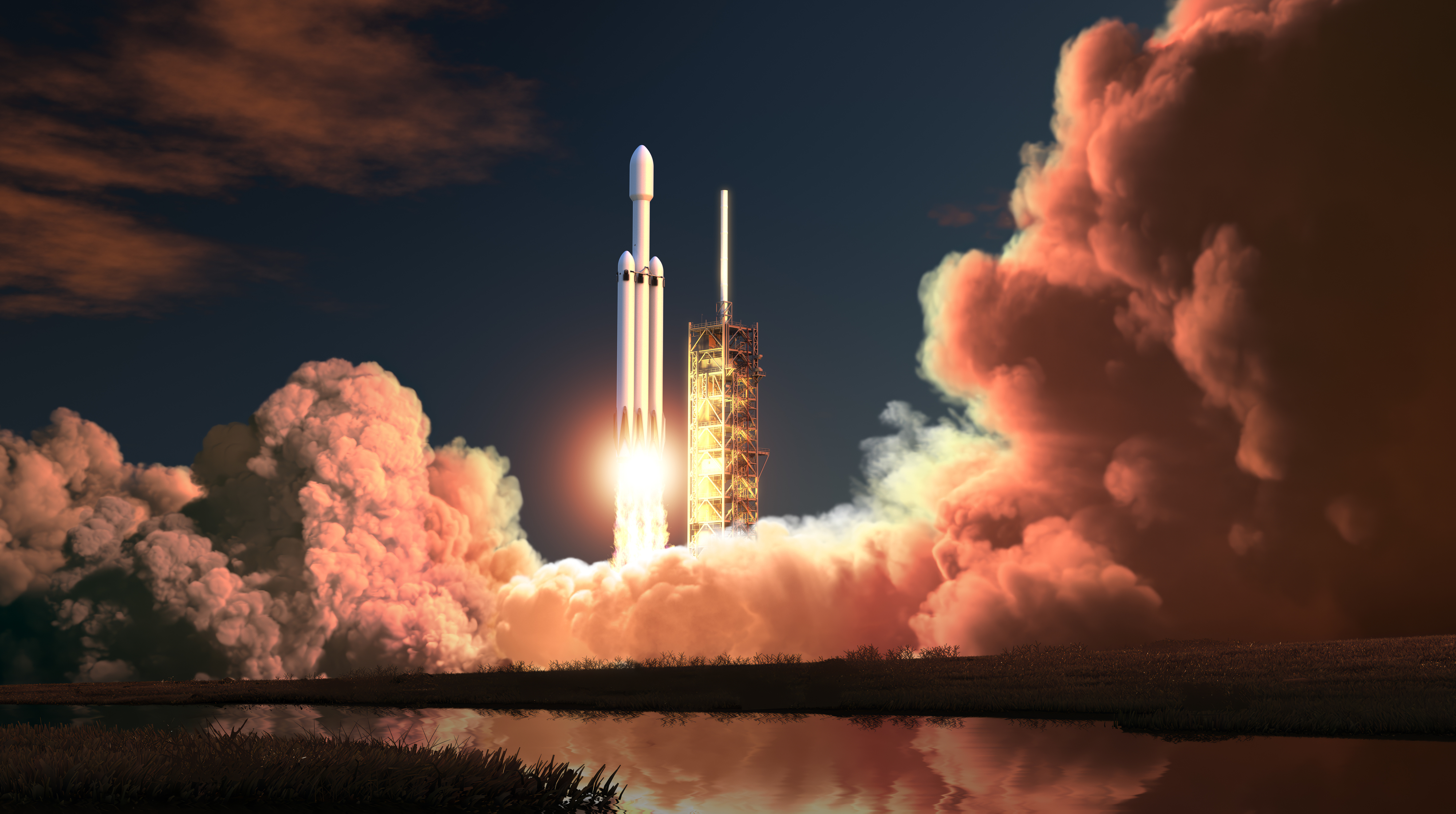 An exhaust plume expanding as a rocket ascends from a launchpad. 