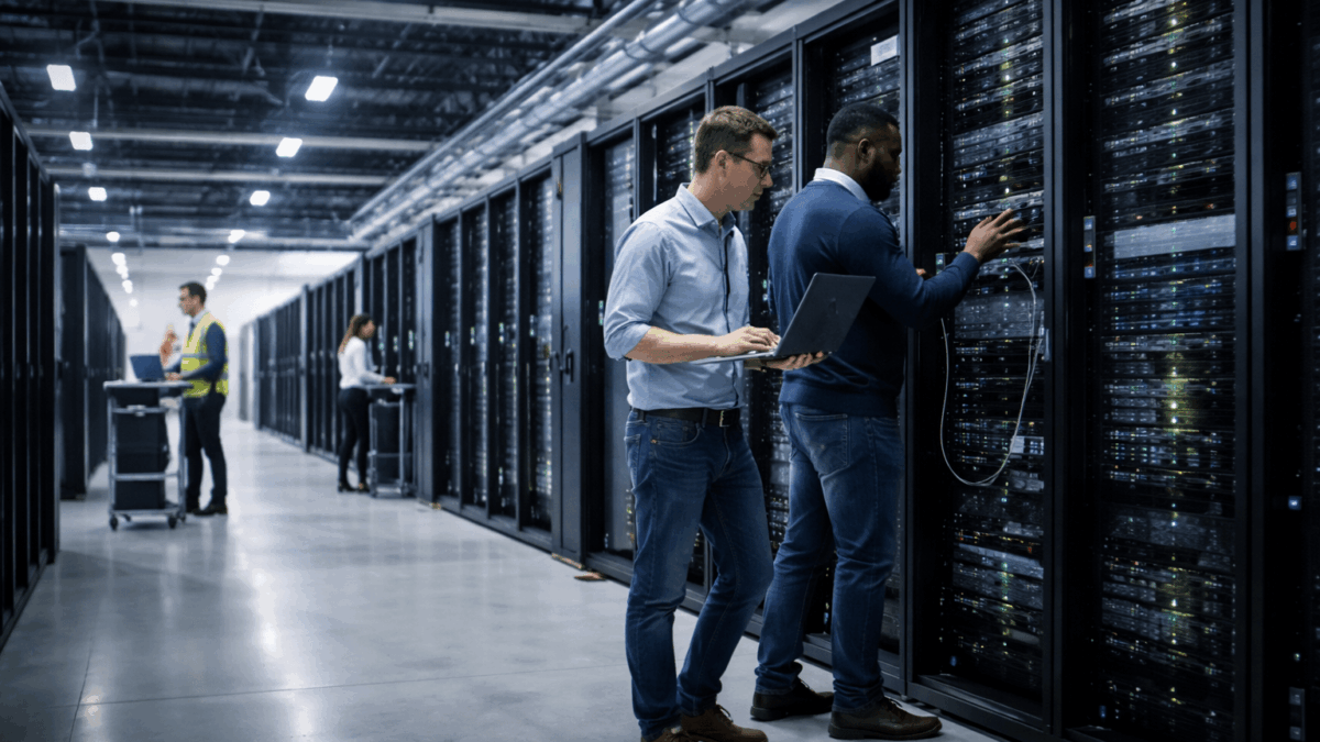 Experts checking Coreweave servers on data center