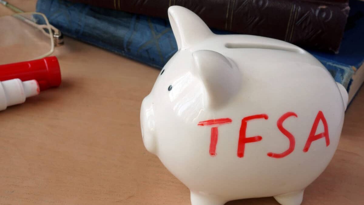 Piggy bank with word TFSA for tax-free savings accounts.