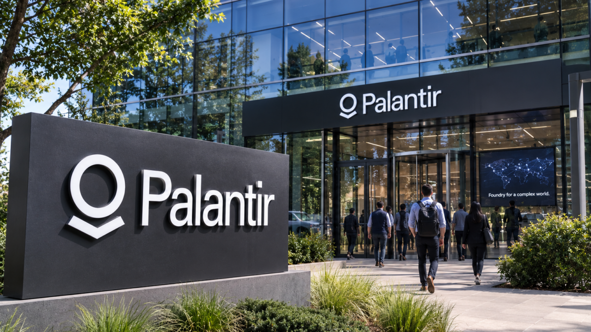 Palantir office exterior with the company’s name displayed prominently on a modern corporate building.